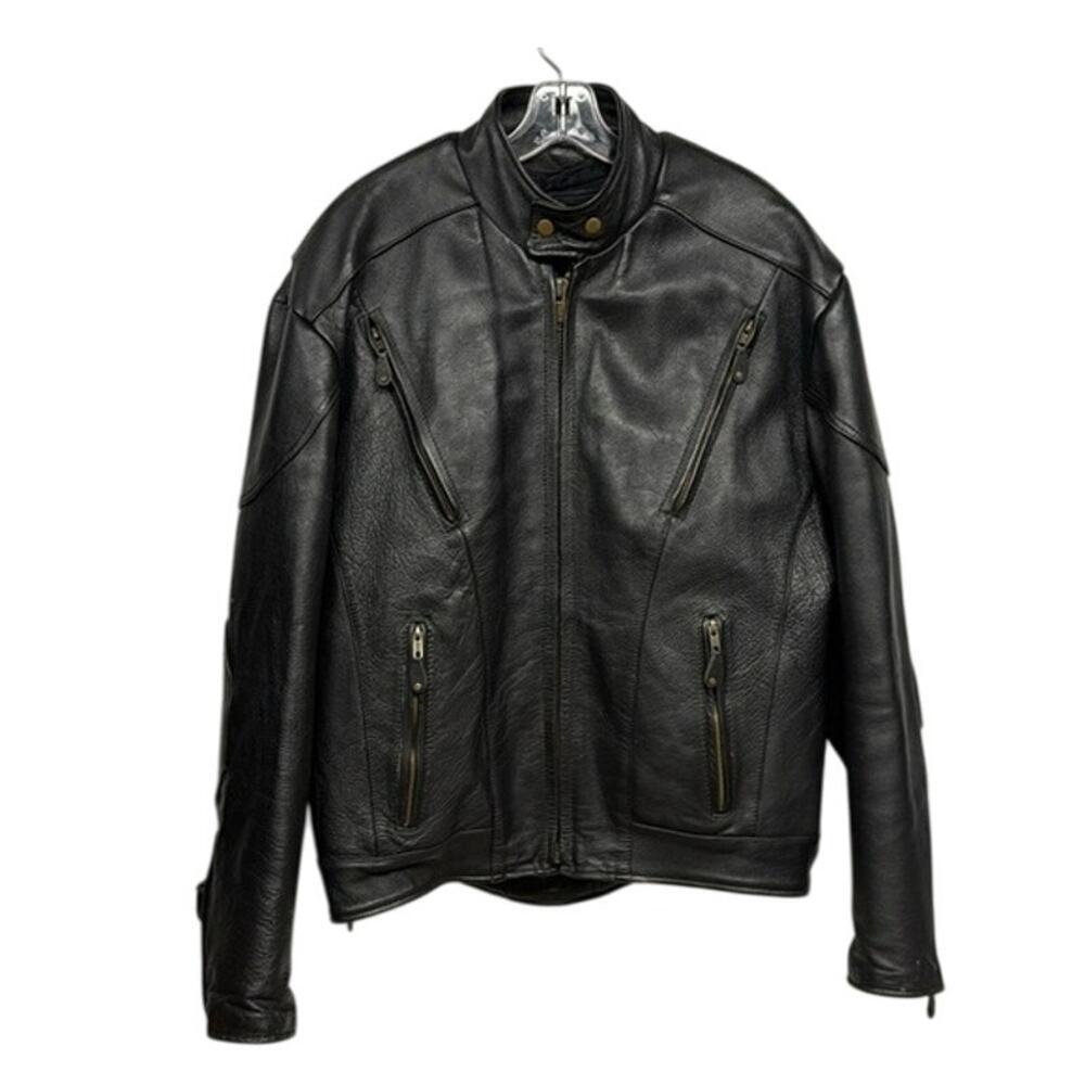 Vintage Zony Inc Men's Black Leather Biker Punk Motorcycle Vented Jacket Size 46